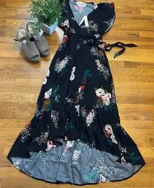 LoveStitch Women’s Small Black Floral Ruffle Short Sleeve V-neck Midi Wrap Dress