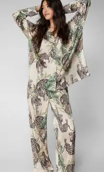 Nasty Gal Womens Satin Leopard Oversized Pajama Long Sleeve Pants Set Large