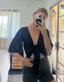 Mesh navy blue wrap tops