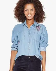 Knox Rose Boho Chambray Button Down Top Floral Embroidered Sz XXL