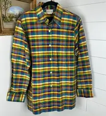 California Style Vintage Multicolor Plaid Silk Long Sleeve Button Up Size Large