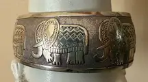 Ethnic Silvertone Cuff bracelet Adjustable‎ Etched Elephants Trunk Up Good Luck