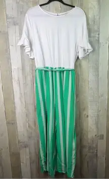 Maison Jules (Flaw)XXL Green & White Striped Jumpsuit Short White Ruffle Sleeves