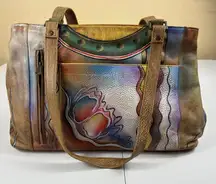 Anuschka Hand Painted Leather Shoulder Bag Butterfly Floral Art Purse