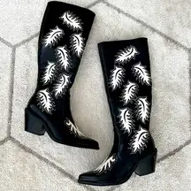 Nasty Gal Faux Black & White Leather Leaf Studded Motif Cowboy Boots Sz 6/6.5