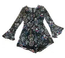 Lush Black Floral Print Long Sleeve Romper V-Neck Tie front Women's S EUC