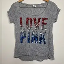 PINK Victoria’s Secret Sequined Gray T Shirt Size XS Red Silver Blue Thin Fabric