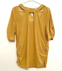 LUXOLOGY Solid Mustard Yellow Cutout Neckline Ruched Short Elbow Sleeve Blouse