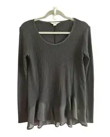 Sun & Shadow Charcoal Ribbed Knit Top with Sheer Hem Size S