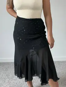 Vintage 90s Dino Black Sequin Skirt Flowy Whimsygoth Y2K Midi Asymmetrical‎