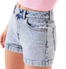 Pacsun Mom Short 100% Cotton High Waisted Thick Hem Acid Wash Denim Blue 23"