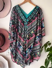 DOUBLE D RANCH sheer AZTEC BEADED poncho blouse SIZE LARGE western