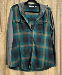 Great Northwest Indigo Fall Teal Green Gray Button Front Hooded Top Large
