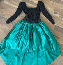 Vintage Lillie Rubin Emerald Green Vintage Satin Sequin Gown Dress Size Small