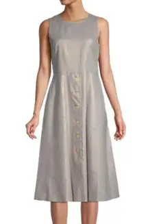 DONNA KARAN NEW YORK Metallic Linen-Blend Midi Dress Front Buttons Beige Sz 14