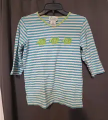 Quacker Factory Embroidered Turtle Shirt, Women's Small Blue Blouse, 3/4 Sleeves