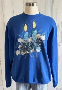 Vintage Christmas Sweatshirt Blue Embroidered poinsettia Candles XL shimmery