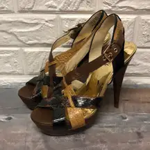 Michael Kors Niki Cross Strap Brown/Tan/Nat Snakeskin Leather Platform Heel sz 7