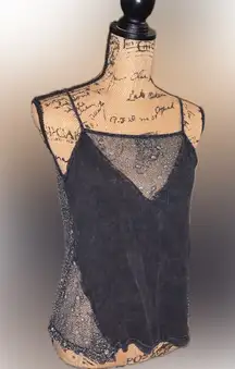 POL Black Lace Sheer Airy Open Tie Back Embroidered Tank Spaghetti Strap Top L