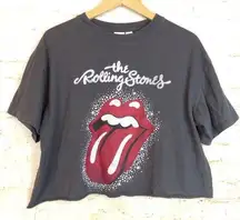 H&M Rolling Stones Graphic Cut Off Crop Shirt Women L Gray Tongue Lips Oversized