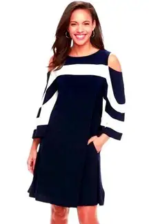 Nina Leonard Women’s Ity Navy Blue White Stripe Cold Shoulder Dress Size L