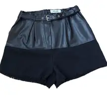 DO+BE Faux Leather Belted Black Tweed Shorts L High Waist Fringe Hem Biker Chic