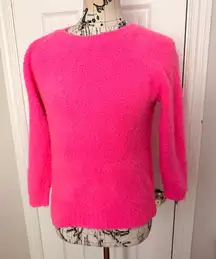 LOFT Fuzzy Texture tweed colorful pullover Neon Pink preppy Crew Sweater sz S P