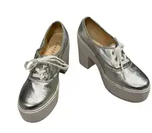 Vintage Bakers Silver Metallic Platform Lace-Up Chunky Heel Shoes, Sz 7.5