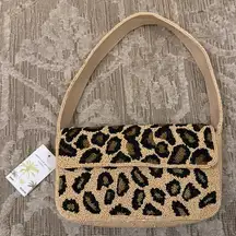 NWT Cheetah Leopard Print Beaded Shoulder Bag America and Beyond Nude Black Gold