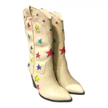 Steve Madden Luminous Ivory Colorful‎ Stars Cowboy Western Leather Boots 6.5