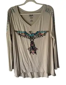 Rock 47 by Wrangler Long Sleeve‎ Top L Thunderbird Aztec Graphic Bling Western