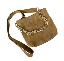 Quilted Koala Midi Town Crossbody Bag in Mocha Vegan Suede with Gold Bag Chain