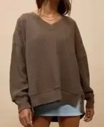 American Eagle Big Hug Waffle V Neck Oversized Sweatshirt Brown Medium