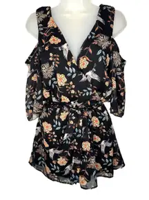 Floral and Crane Print Cold Shoulder Belted Romper