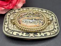 Gold Tone Black Enamel Belt Buckle Leopard Skin Jasper Stone Made In USA 2 X 3"