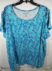 Woman Within Women's 2X Aqua Paisley Blue Pullover Shirt Round Neck Short Sleeve