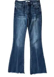 KanCan for Maurices High Rise Raw Hem Flare Blue Denim Back Seam Jeans Size 28