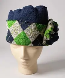 Unique Argyle Pattern‎ Cloche Hat With Floral Accent Blue & Green