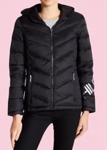 TOMMY HILFIGER Black Puffer Jacket Womens S Quilted Hooded Packable Winter.