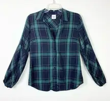 CAbi  Big Sur Navy Blue & Green Plaid Balloon Sleeve Button Up Shirt #3769 Sz XS