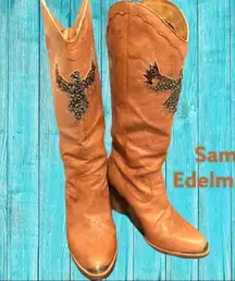 Sam Edelman camel colored cowgirl boots! Cute feather design!