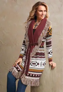Midnight Velvet Ember Southwest Duster Aztec Long Sweater Cardigan Fringe Belt L
