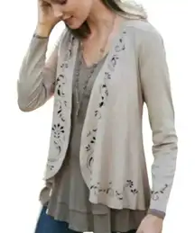 Soft Surroundings Tan Suede Floral‎ Eyelet Cardigan