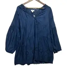 J Jill Women Tunic Top XL Navy Embroidered Eyelet Peasant Cottagecore Indie Boho