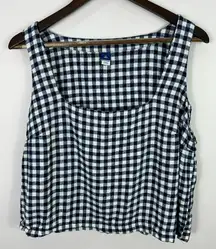 Old Navy Tank Top XL Tall Navy Gingham Linen Blend Preppy Cottagecore Minimalist
