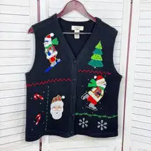 Bechamel Vintage Santa Ugly Christmas Sweater Vest V Neck Button Black Medium
