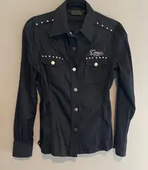 Coogi Black Studded Embroidered Full Button Down Long Sleeve Blouse Top Size L