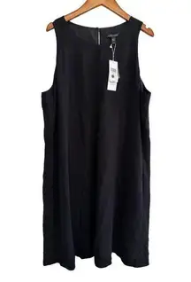 Eileen Fisher  Silk Georgette Crepe Round Neck Dress Black Pockets NWT L