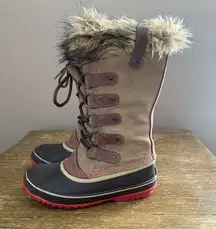 SOREL Joan of Arctic Pebble/Deep Blush Winter Waterproof faux fur boots Sz 7
