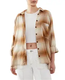 BDG Women’s Oversized Brown Plaid Button-Up Shirt – Casual Fall Layering Flannel